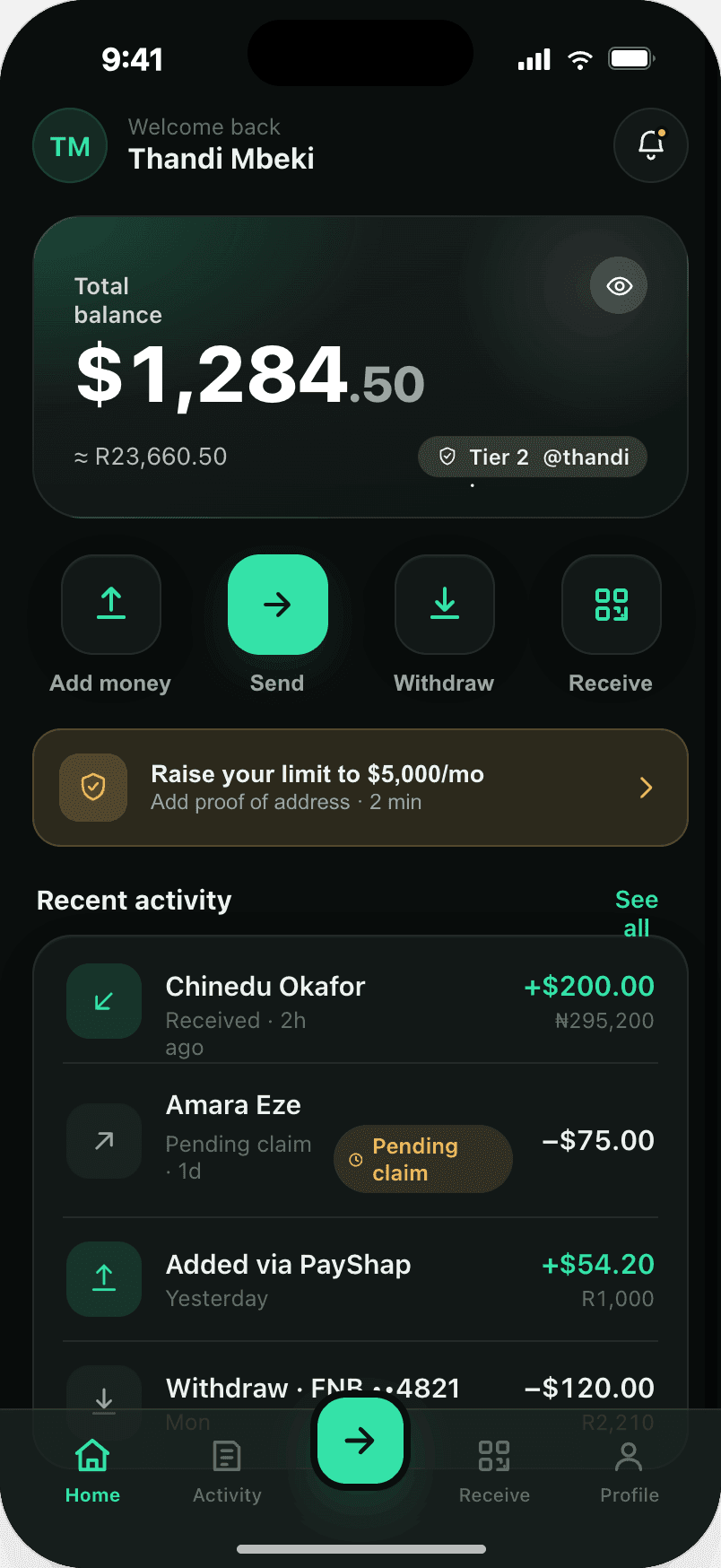 CrossPay home screen
